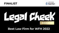 A shortlisted award logo Legal Cheek's best law firm for working from home 2022